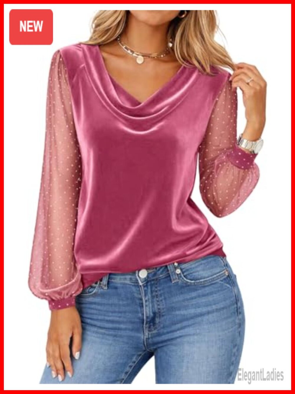Velvet Cowl Neck Rhinestone Mesh Sheer Long Sleeve Dressy Blouse